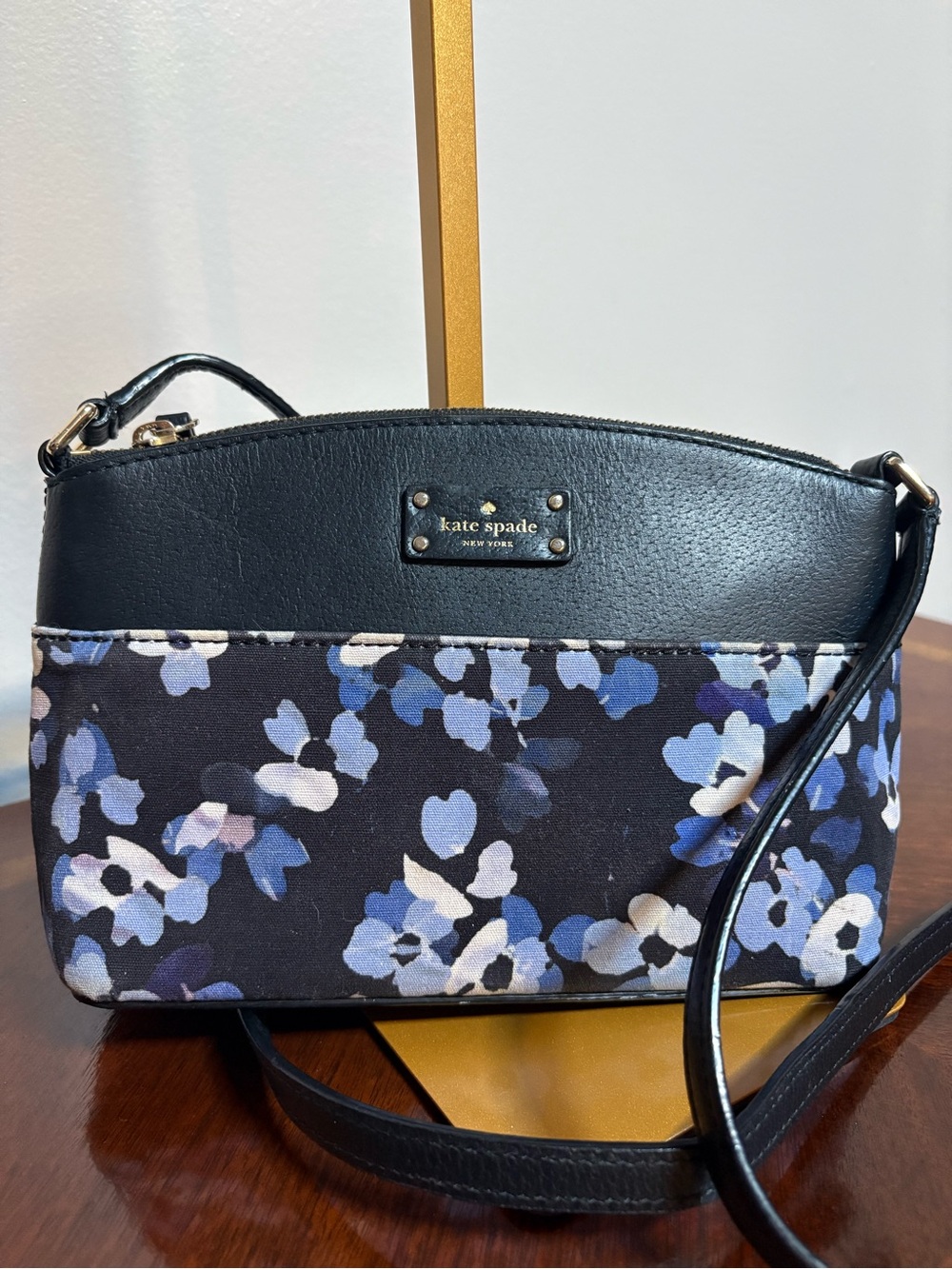 kate spade Black Floral Crossbody with Blue and White Accents